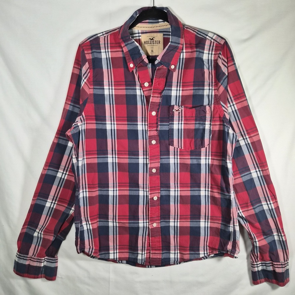 2000s Y2K Hollister Men's XL Red Navy Plaid Button Up Shirt Preppy Mall Core